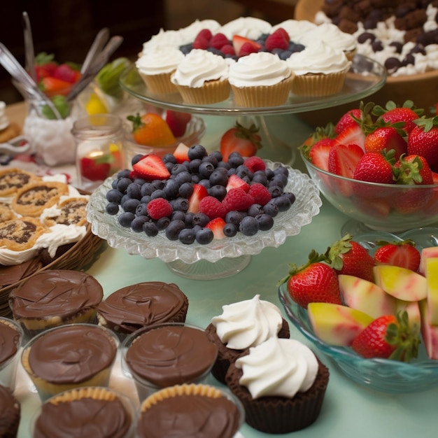 A table full of desserts including strawberries, blueberries, and other desserts.