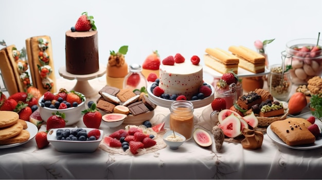 A table full of desserts including a variety of desserts including fruit, bread, and jam.