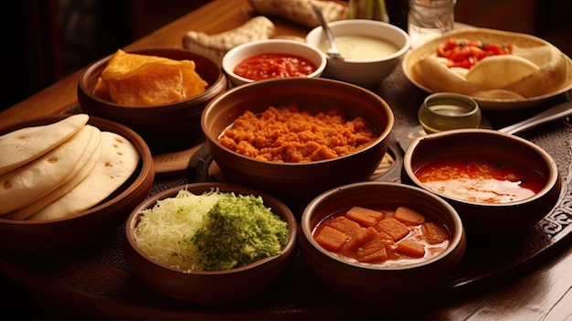 A table full of different dishes including a variety of food.