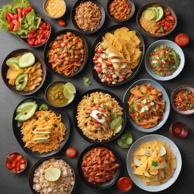 a table full of different food including rice salsa and salsa