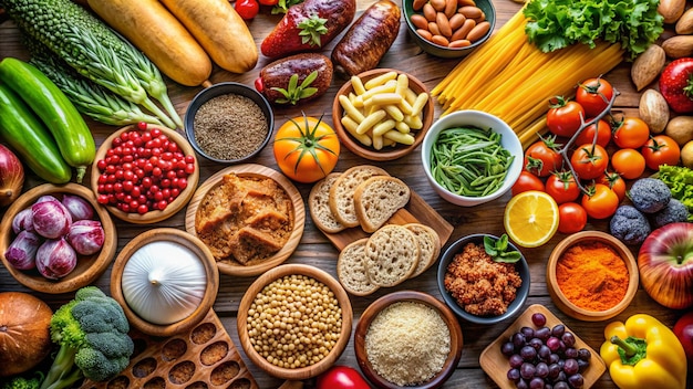 a table full of different foods including beans beans and other foods