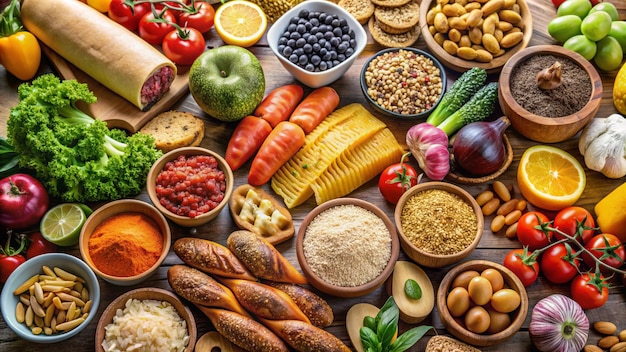 a table full of different foods including beans beans and other foods