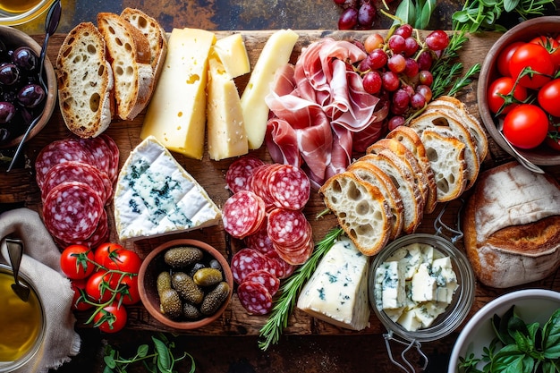 Table full of different foods including bread cheese and grapes