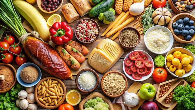 Photo a table full of different foods including one that has a lot of food on it