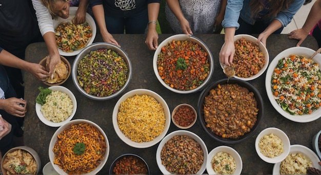 Photo a table full of different foods including one that sayss the wordon it