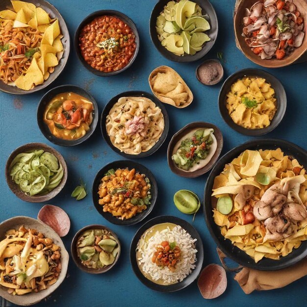 a table full of different foods including tortillas chips and salsa