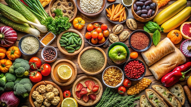 a table full of different foods including vegetables and fruits