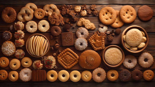 A table full of different types of food including donuts, cookies, and other pastries.