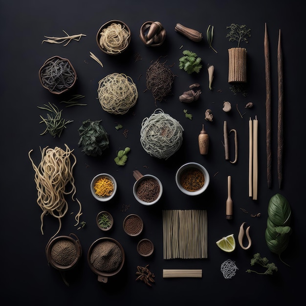 A table full of different types of noodles and spices including a wooden chopsticks.