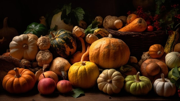 A table full of different types of vegetables including pumpkins, squash, and gourds.