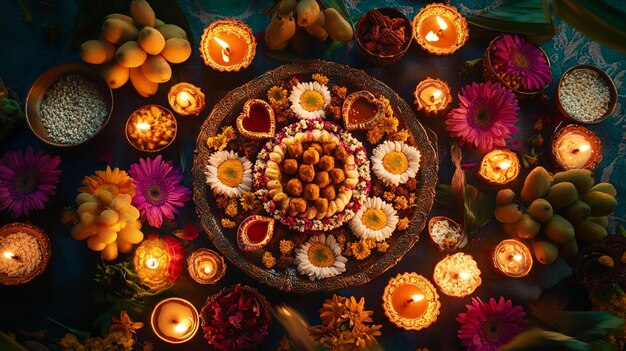 Photo a table full of flowers and candles with a flower arrangement