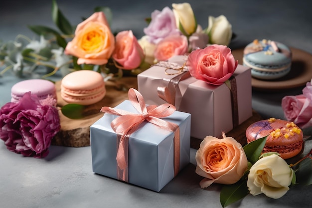 A table full of flowers and macaroons with a bouquet of roses