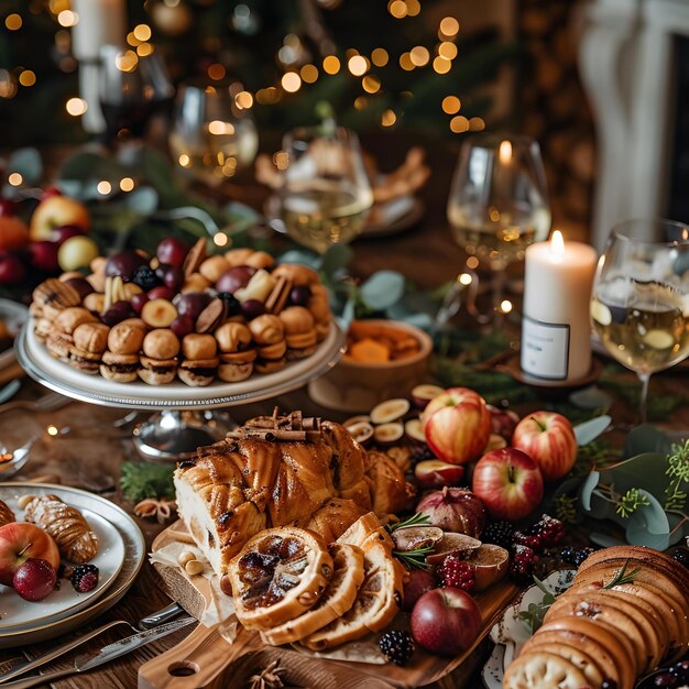 Photo a table full of food and drinks for christmas