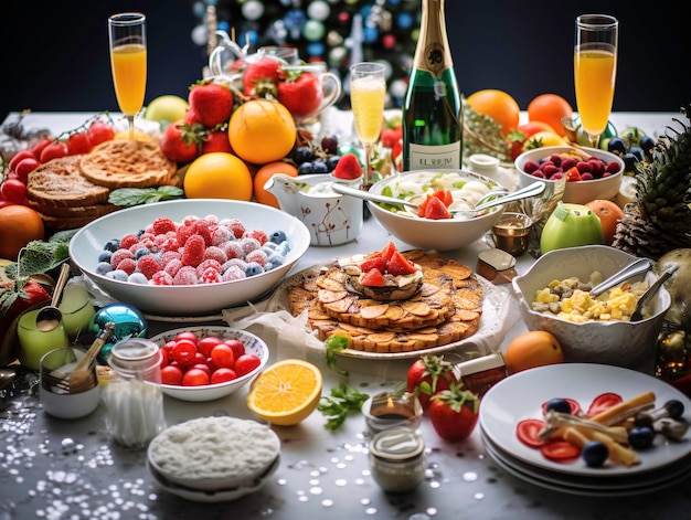 a table full of food and drinks