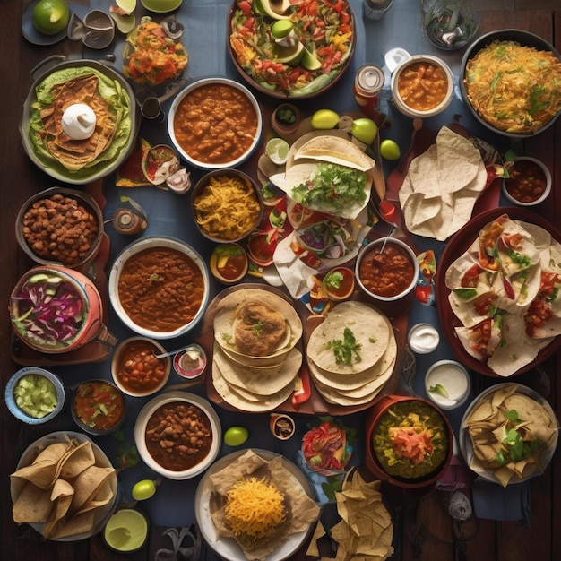 a table full of food including beans rice and other foods