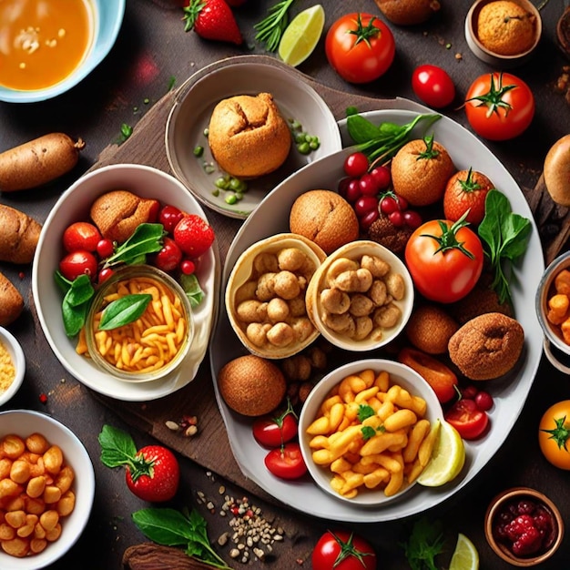 a table full of food including beans tomatoes and other vegetables