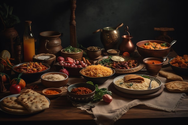 A table full of food including a bottle of beer and a bottle of indian food.