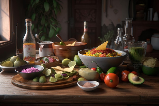 A table full of food including a bottle of wine, a bottle of red wine, a bottle of red wine, and a bottle of red wine.