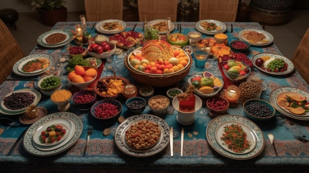 A table full of food including a bowl of fruit and a bowl of fruit.