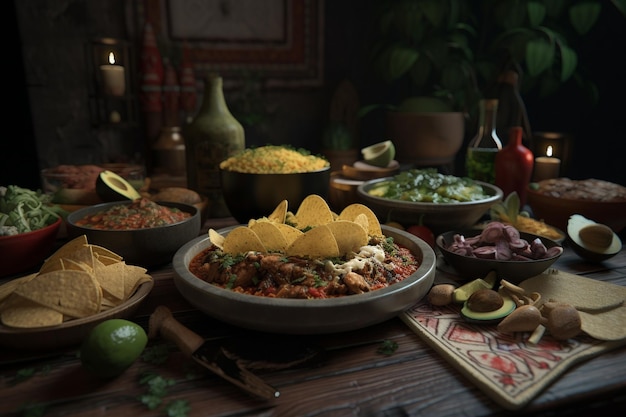 A table full of food including a bowl of salsa and tortilla chips.