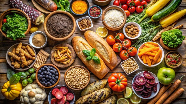 a table full of food including bread beans and other foods