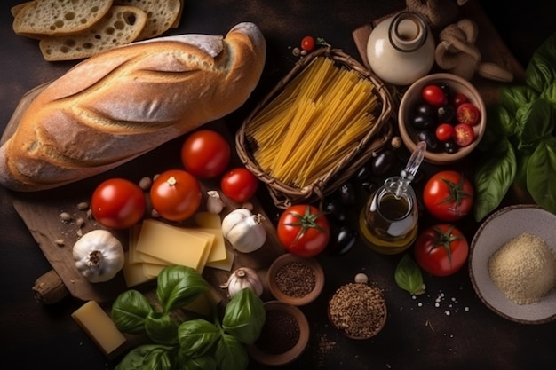 A table full of food including bread, cheese, tomatoes, and olive oil.