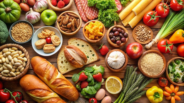 Photo a table full of food including bread fruit and vegetables