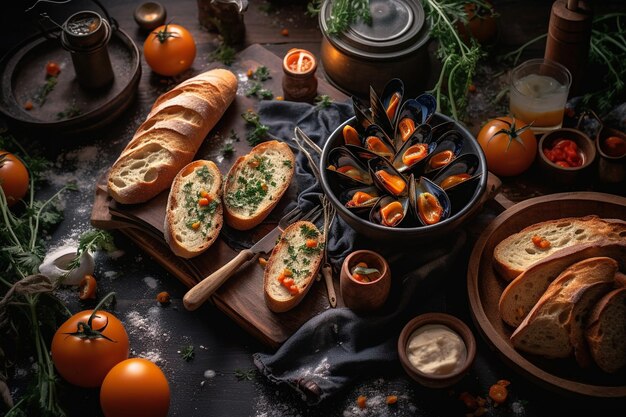 A table full of food including bread, mussels, mussels, and bread