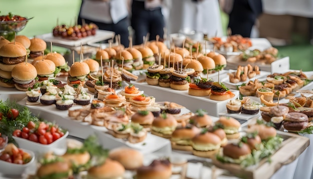 a table full of food including burgers fruits and vegetables