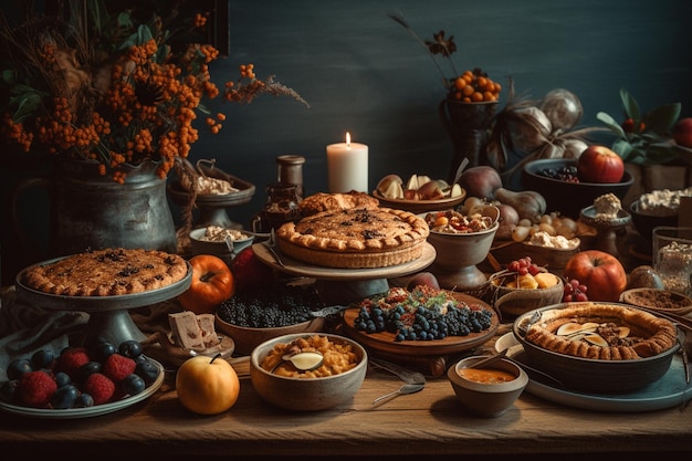 A table full of food including a candle and a candle.