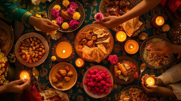 Photo a table full of food including a candle a woman holding a candle and a candle in the middle