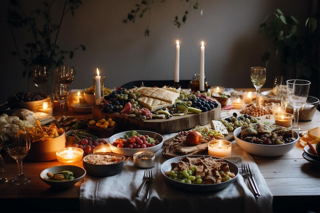 A table full of food including cheese, fruit, and meats.