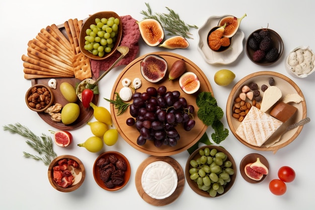 A table full of food including cheese, fruit, and nuts.