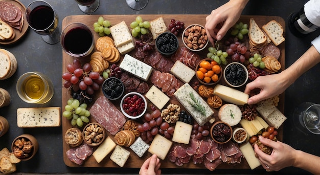 Photo a table full of food including cheese meat cheese and fruit