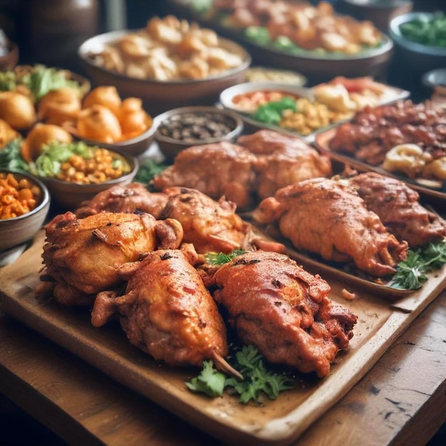 Photo a table full of food including chicken corn and beans