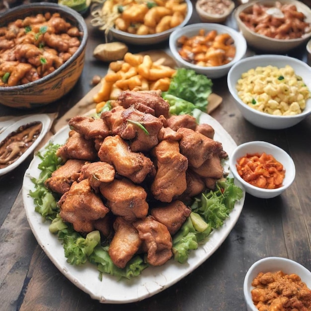 a table full of food including chicken rice and vegetables