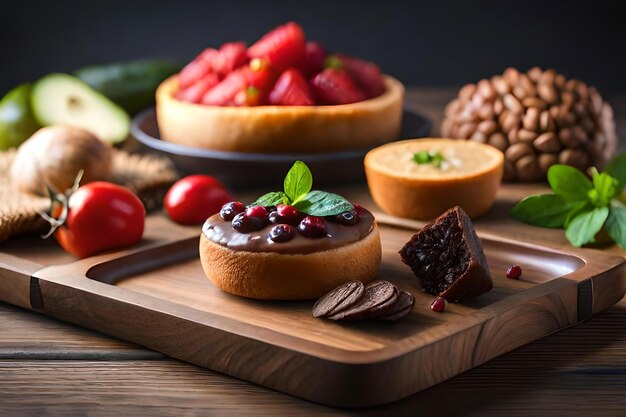 A table full of food including a chocolate tart and a chocolate tart.