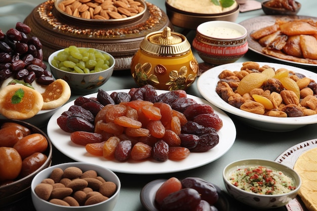 A table full of food including dates, dates, and other foods.