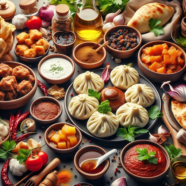 a table full of food including dumplings rice and a bowl of food