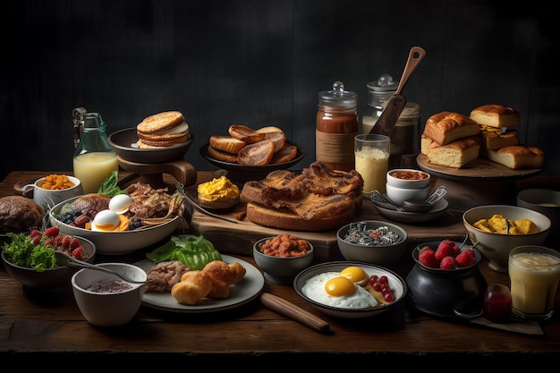 A table full of food including eggs, bacon, eggs, and toast.