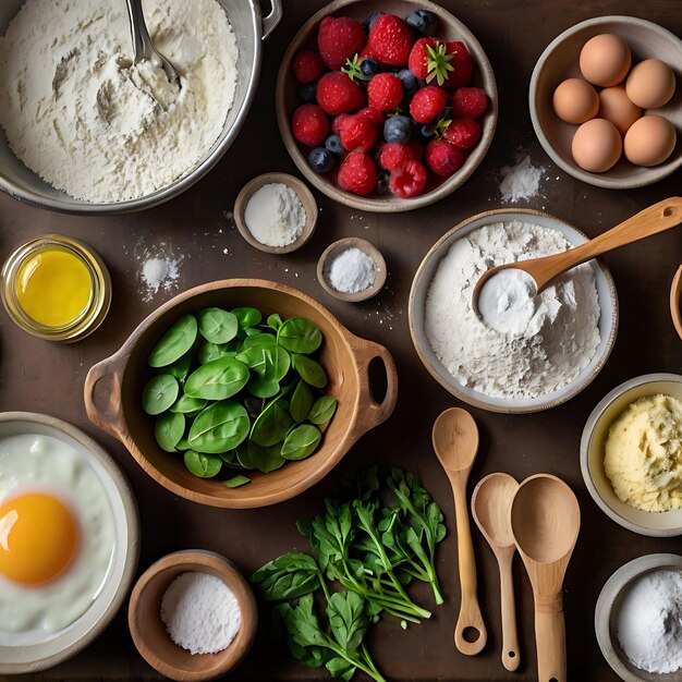 a table full of food including eggs strawberries and eggs