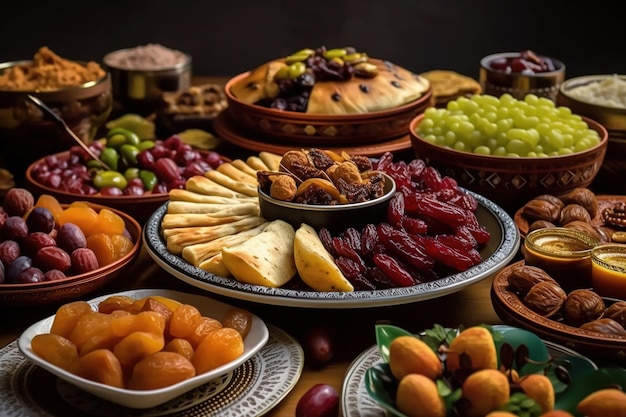 A table full of food including fruit and a plate of food.