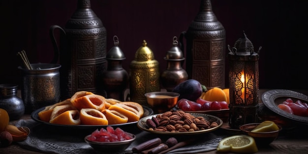 A table full of food including fruits and a bottle of wine.