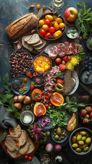 a table full of food including fruits vegetables and a sign that says