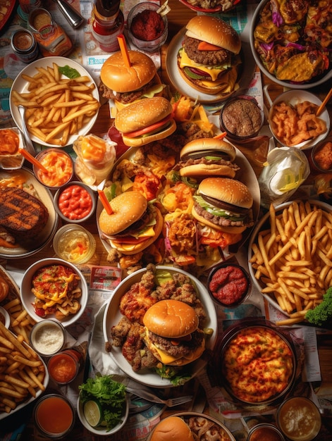 A table full of food including hamburgers, fries, and other foods.