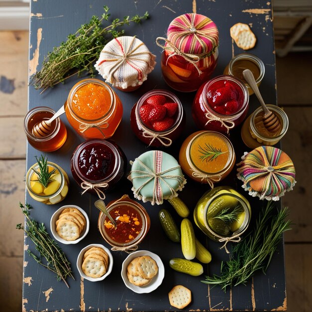 Photo a table full of food including a jar of pickles pickles and other items