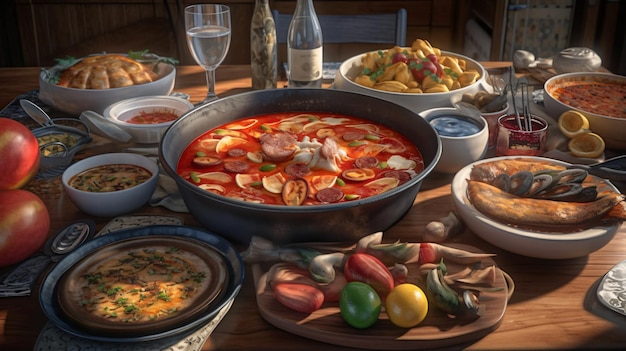 A table full of food including a large pot of red meat and vegetables.