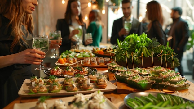 Photo a table full of food including a man and woman with glasses of food