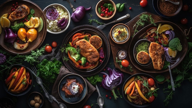 A table full of food including meat, vegetables, and a bowl of salad.