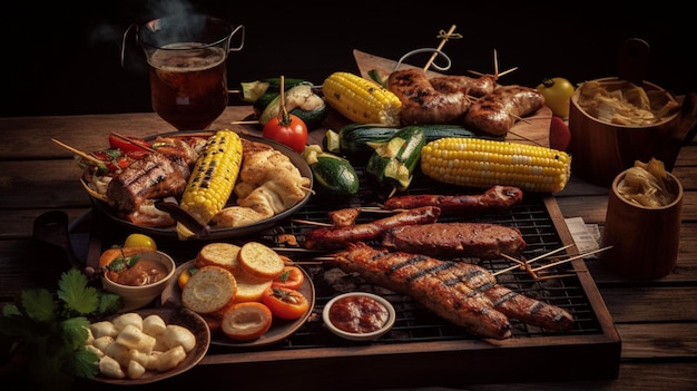 A table full of food including meat, vegetables, and a glass of beer.